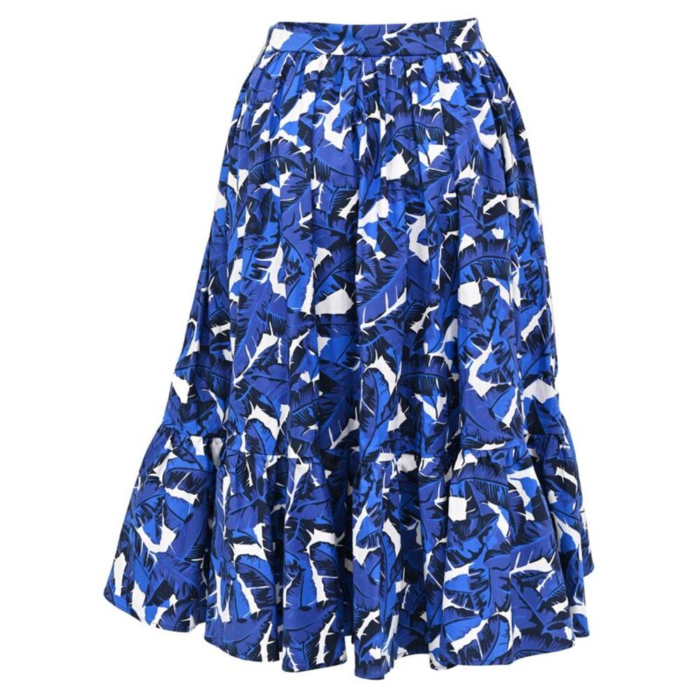 MSGM Leaf-Print Midi Tiered Skirt in Blue Cotton